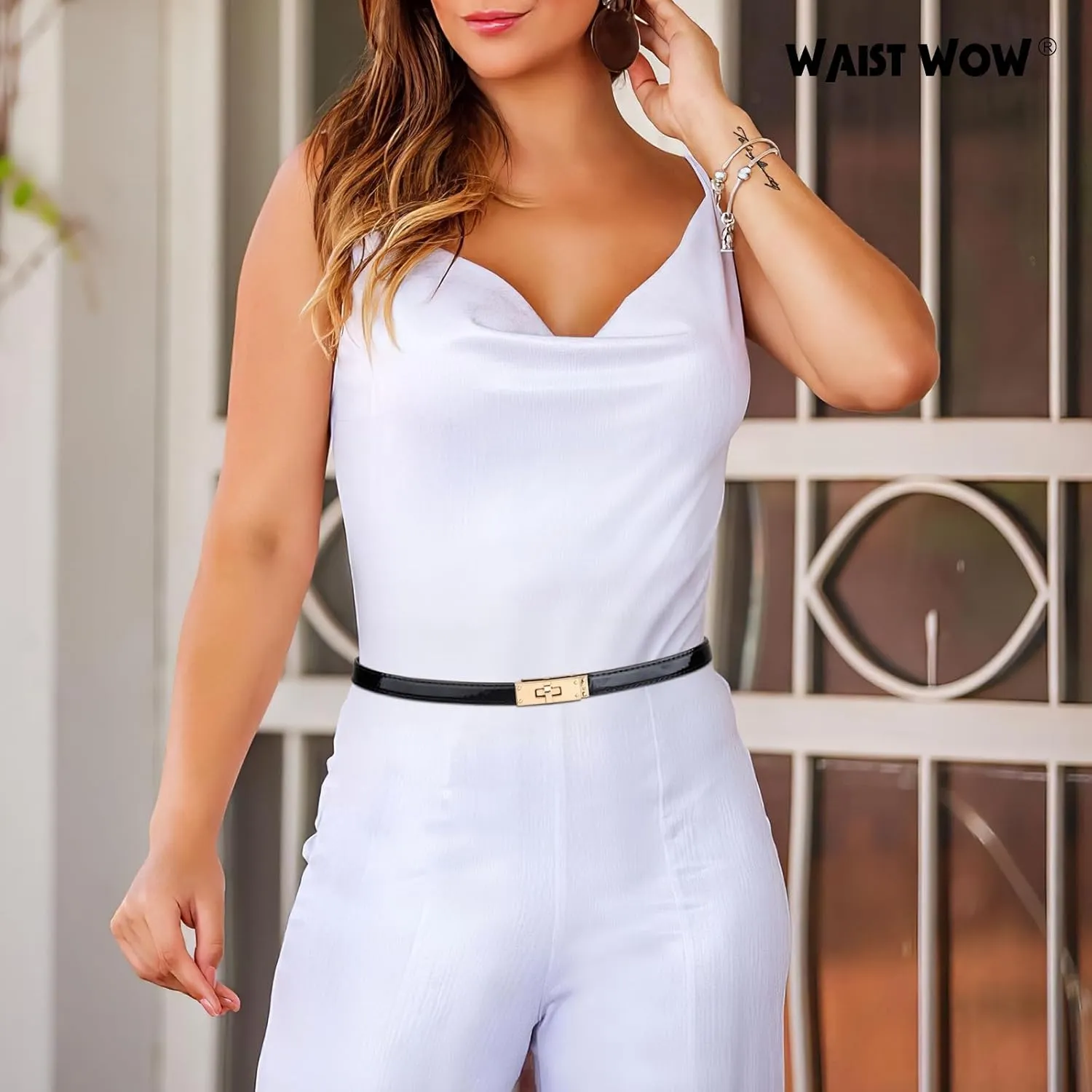 2 Pack Women Skinny Leather Belt for Jeans Adjustable Thin Waist Belt Solid Color Alloy Turn Lock Buckle Belt for Dress