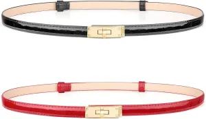 2 Pack Women Skinny Leather Belt for Jeans Adjustable Thin Waist Belt Solid Color Alloy Turn Lock Buckle Belt for Dress