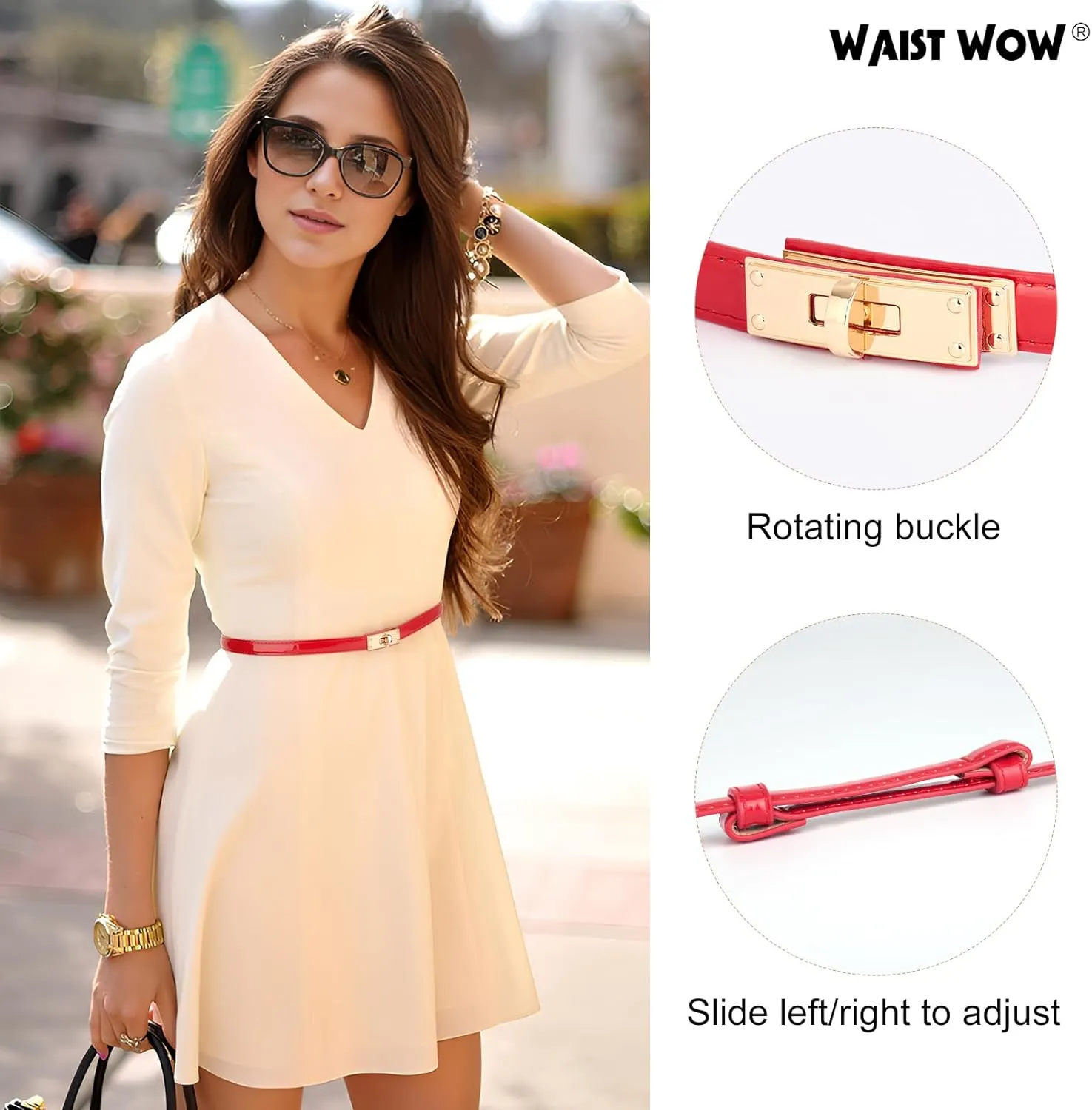 2 Pack Women Skinny Leather Belt for Jeans Adjustable Thin Waist Belt Solid Color Alloy Turn Lock Buckle Belt for Dress