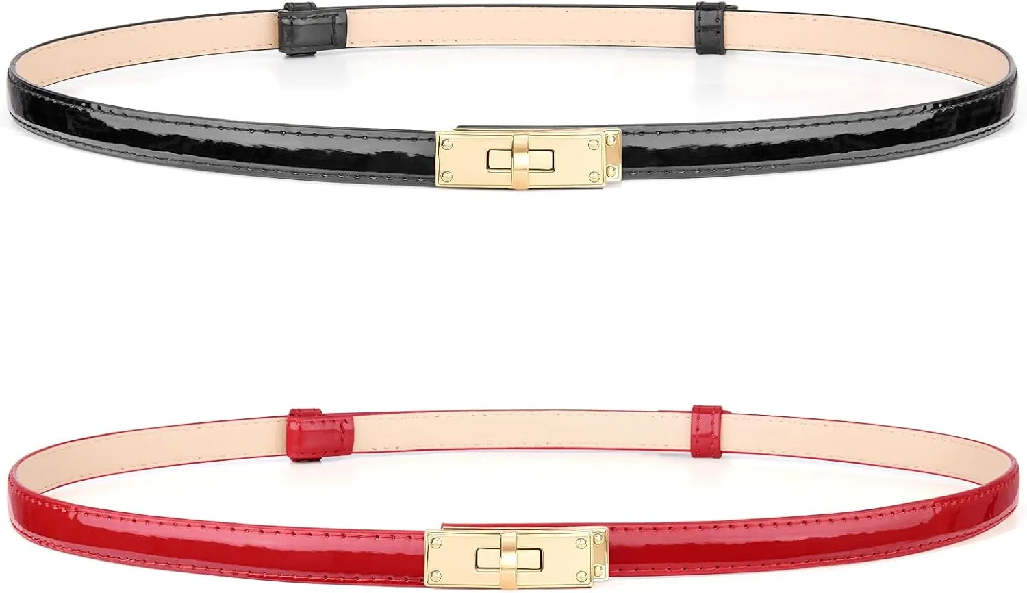 2 Pack Women Skinny Leather Belt for Jeans Adjustable Thin Waist Belt Solid Color Alloy Turn Lock Buckle Belt for Dress