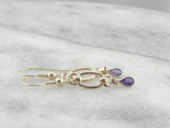 Amethyst Teardrops and Golden Links, Handcrafted Earrings
