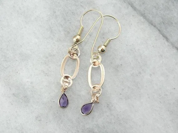 Amethyst Teardrops and Golden Links, Handcrafted Earrings