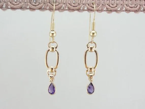 Amethyst Teardrops and Golden Links, Handcrafted Earrings