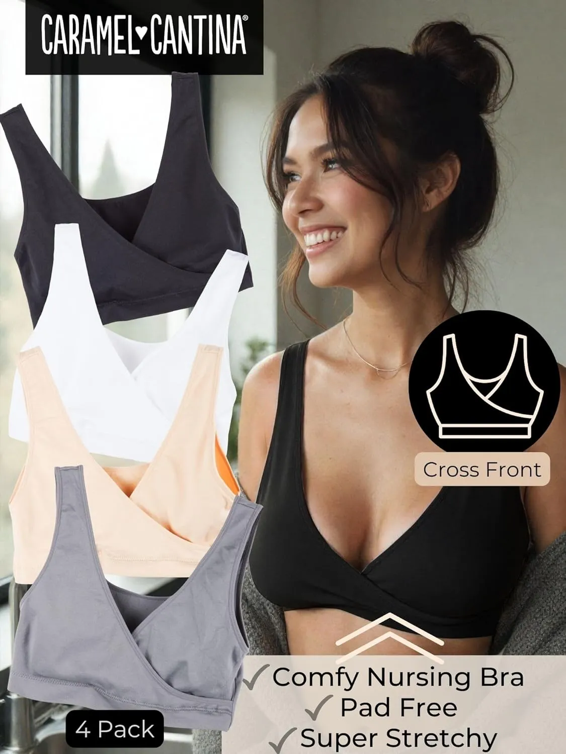 Caramel Cantina 4 Pack Nursing Maternity Womens Sleep Comfort Bralette Bra