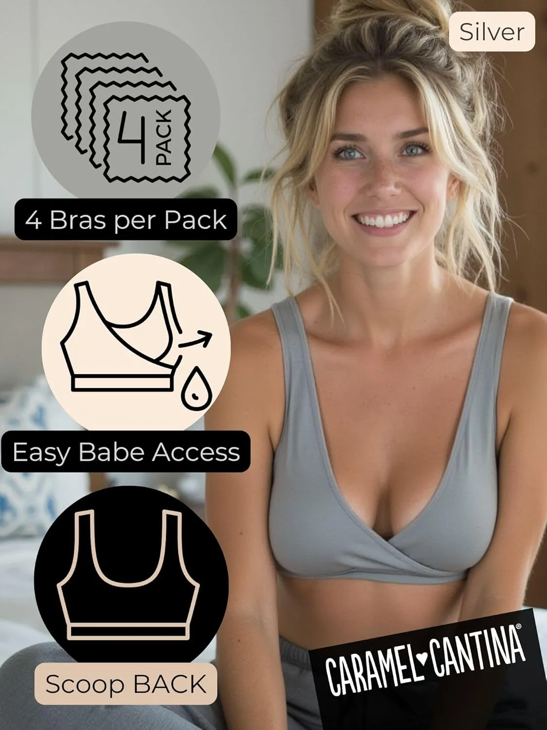 Caramel Cantina 4 Pack Nursing Maternity Womens Sleep Comfort Bralette Bra