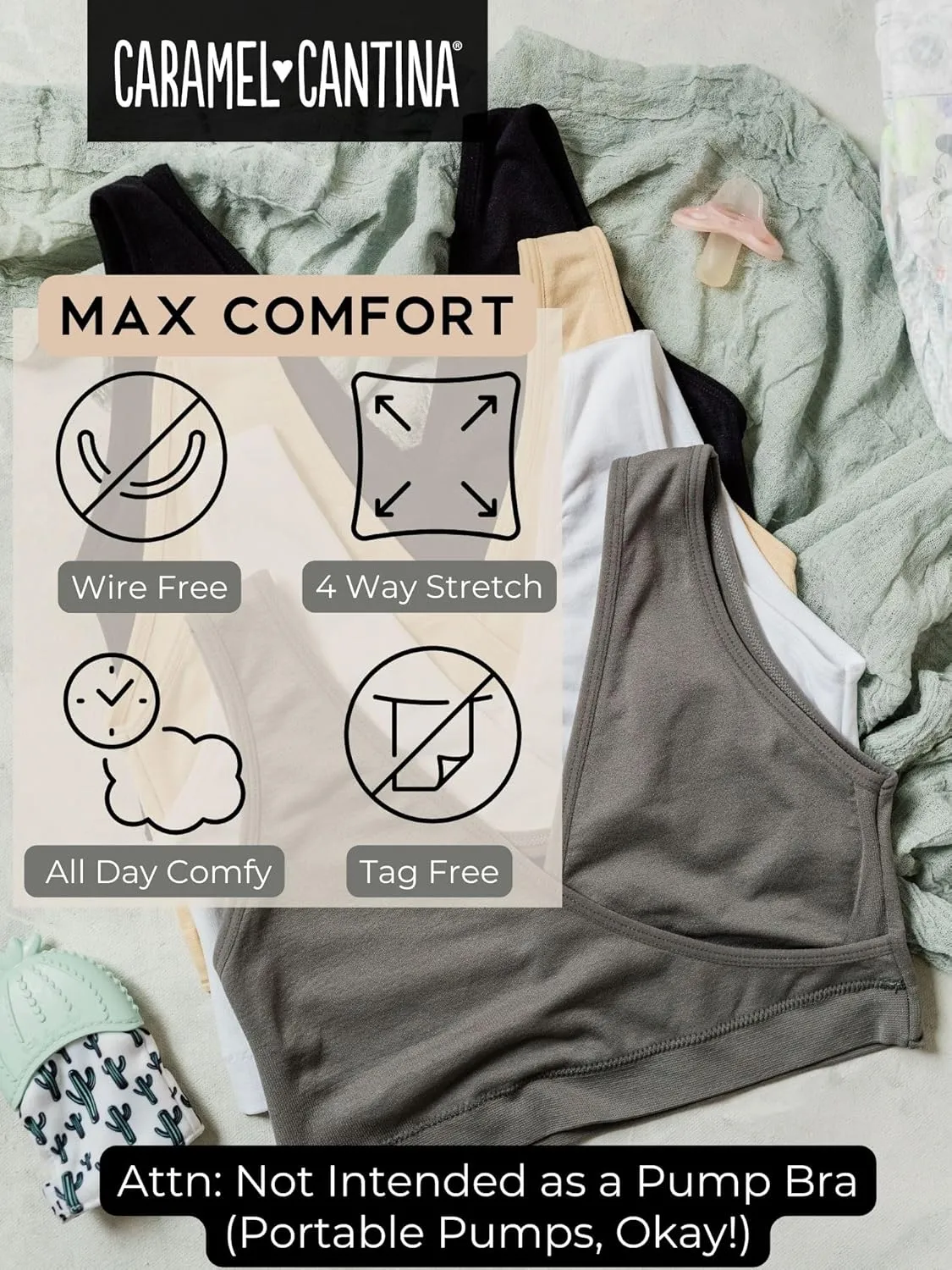 Caramel Cantina 4 Pack Nursing Maternity Womens Sleep Comfort Bralette Bra