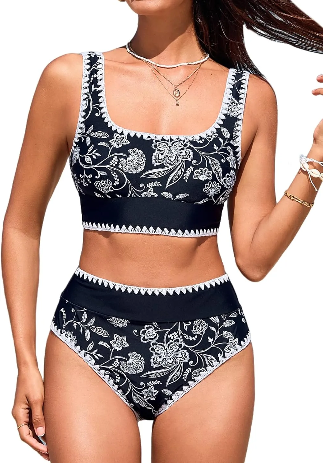 CUPSHE Women's Bikini Sets Two Piece Swimsuit Scoop Neck Tank Wide Straps Midkini Stitching