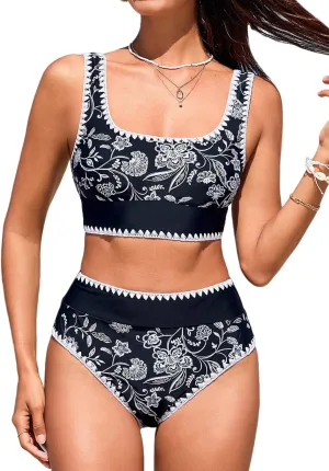 CUPSHE Women's Bikini Sets Two Piece Swimsuit Scoop Neck Tank Wide Straps Midkini Stitching