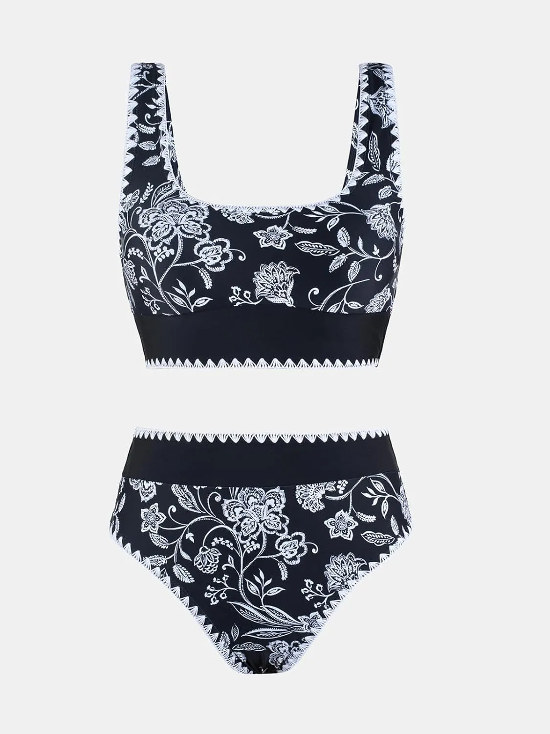 CUPSHE Women's Bikini Sets Two Piece Swimsuit Scoop Neck Tank Wide Straps Midkini Stitching