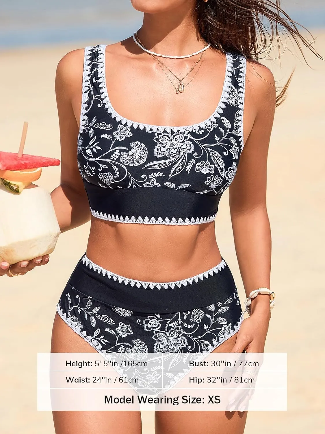 CUPSHE Women's Bikini Sets Two Piece Swimsuit Scoop Neck Tank Wide Straps Midkini Stitching