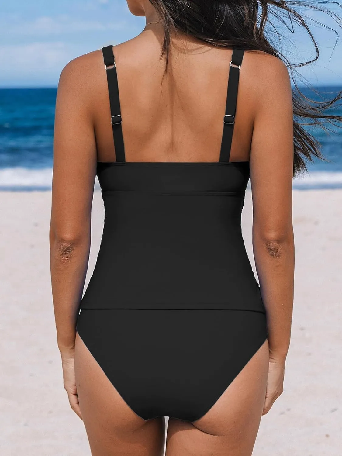 CUPSHE Women's Tankini Sets Surplice V Neck Two Piece Bathing Suits Adjustable Straps Shirred Mid Rise Swimwear