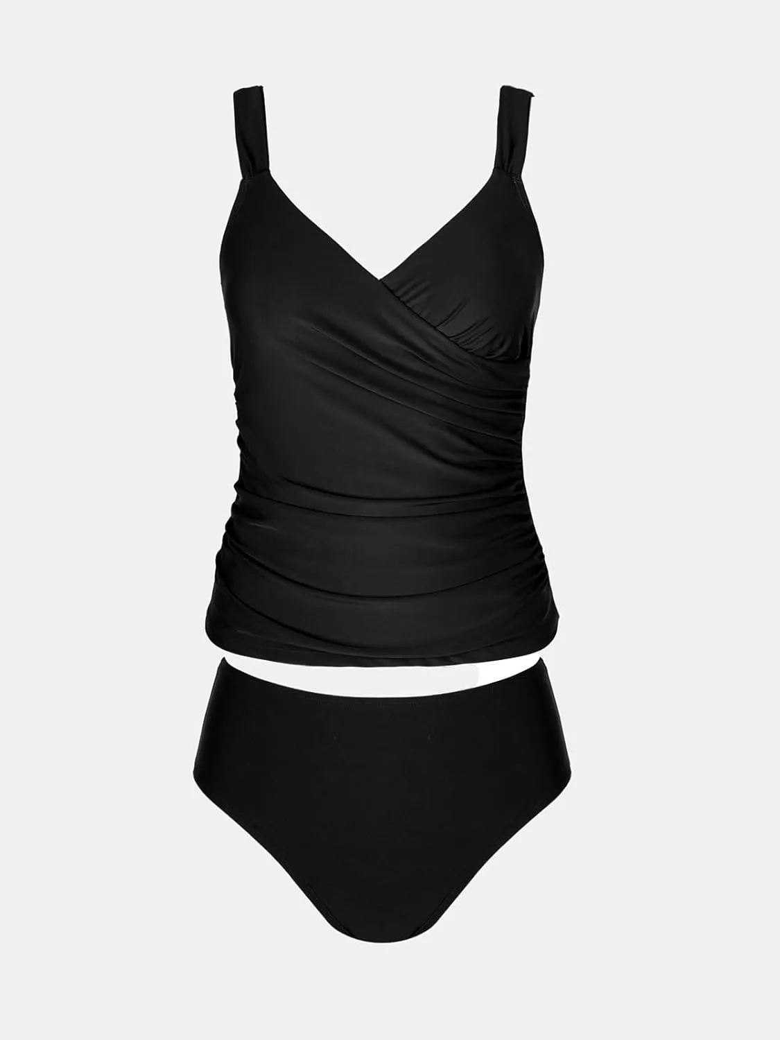 CUPSHE Women's Tankini Sets Surplice V Neck Two Piece Bathing Suits Adjustable Straps Shirred Mid Rise Swimwear