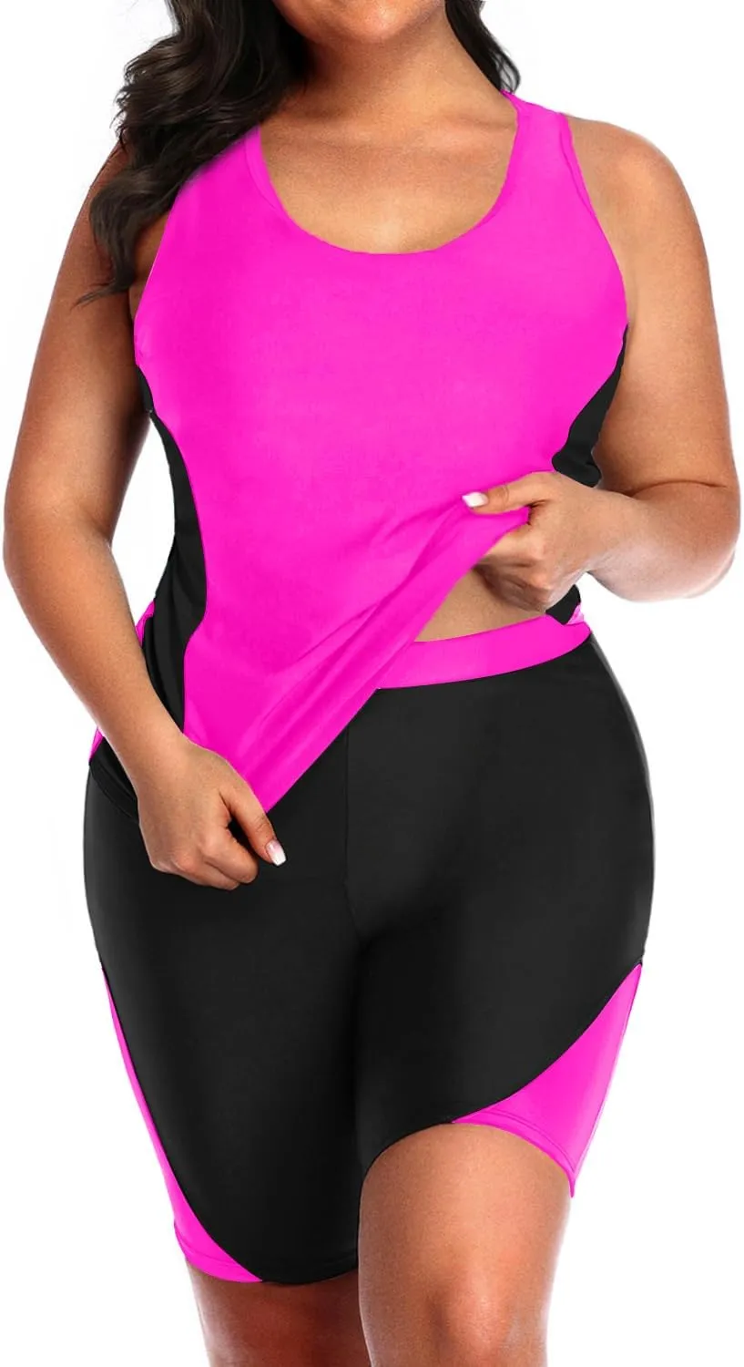 Daci Women's Plus Size Tankini Swimsuit - Two Piece Rash Guard with Capris Shorts and Athletic Racerback Bathing Suit