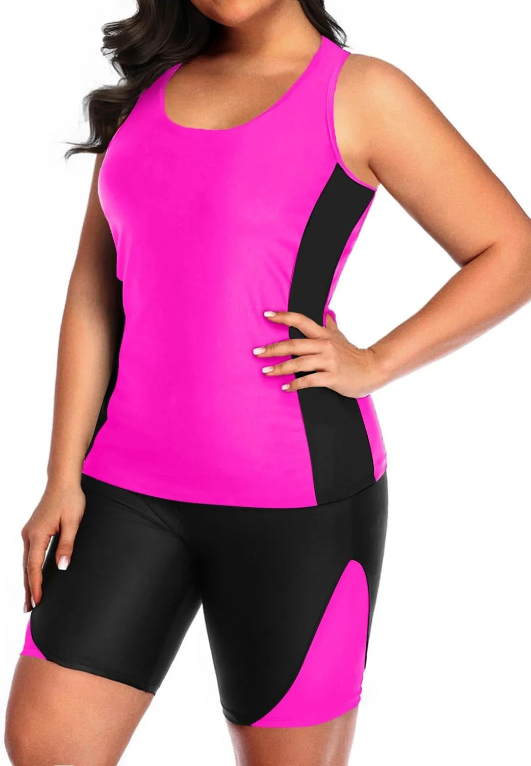 Daci Women's Plus Size Tankini Swimsuit - Two Piece Rash Guard with Capris Shorts and Athletic Racerback Bathing Suit