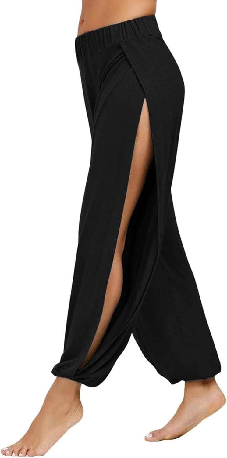 Harem Pants for Women Double High Slit Leg Flowy Yoga Pant Pilates Dance Hippie Wrap Beach Cover-Up Pants
