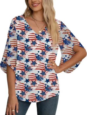 Jouica Women's Fall Casual 3/4 Ruffled Sleeve Chiffon Blouse Tops for Women