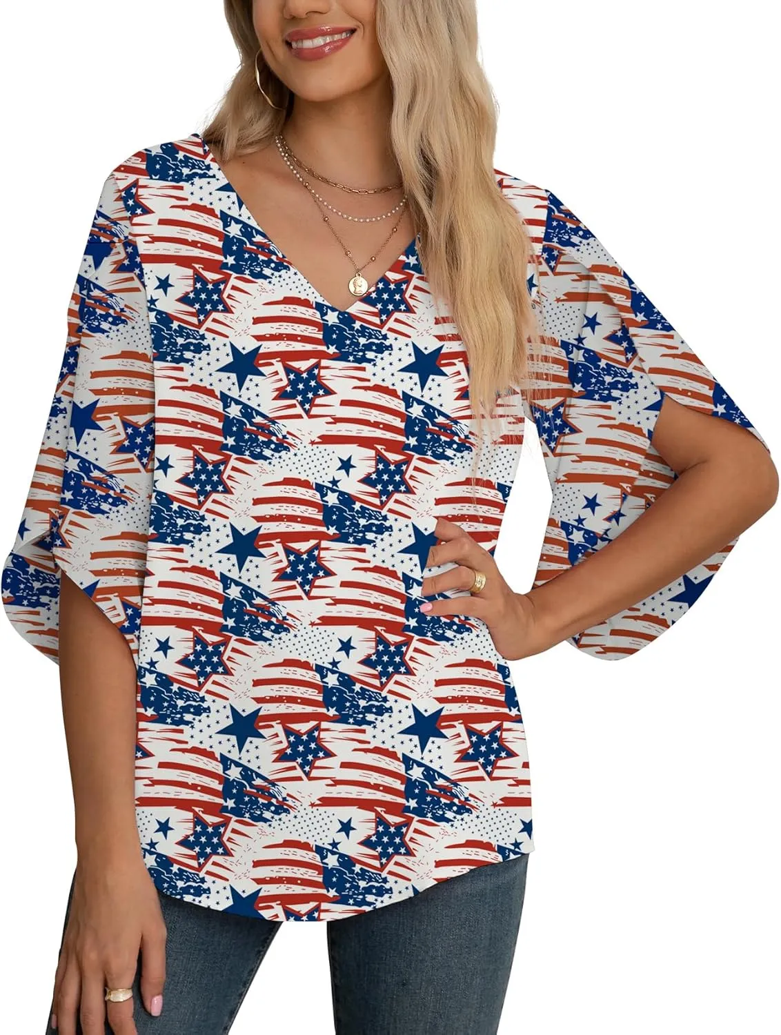 Jouica Women's Fall Casual 3/4 Ruffled Sleeve Chiffon Blouse Tops for Women