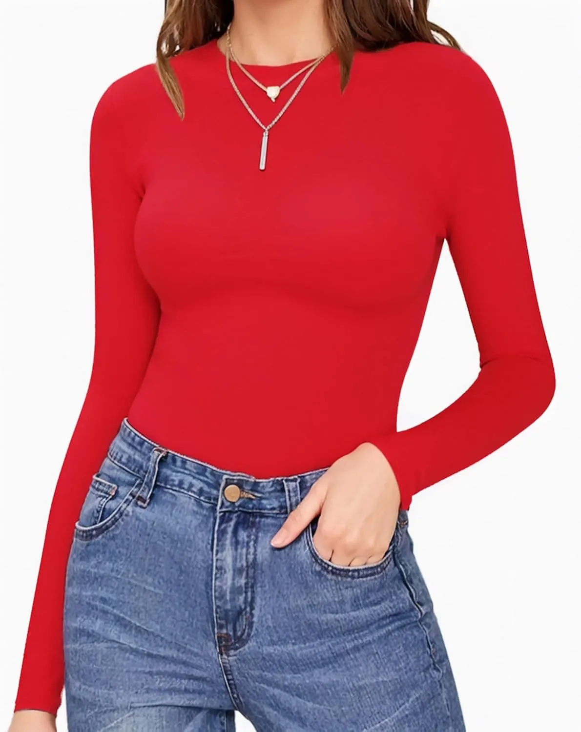 MANGOPOP Women's Crew Neck Short Sleeve Bodysuit Long Sleeve T Shirts Basic Tops