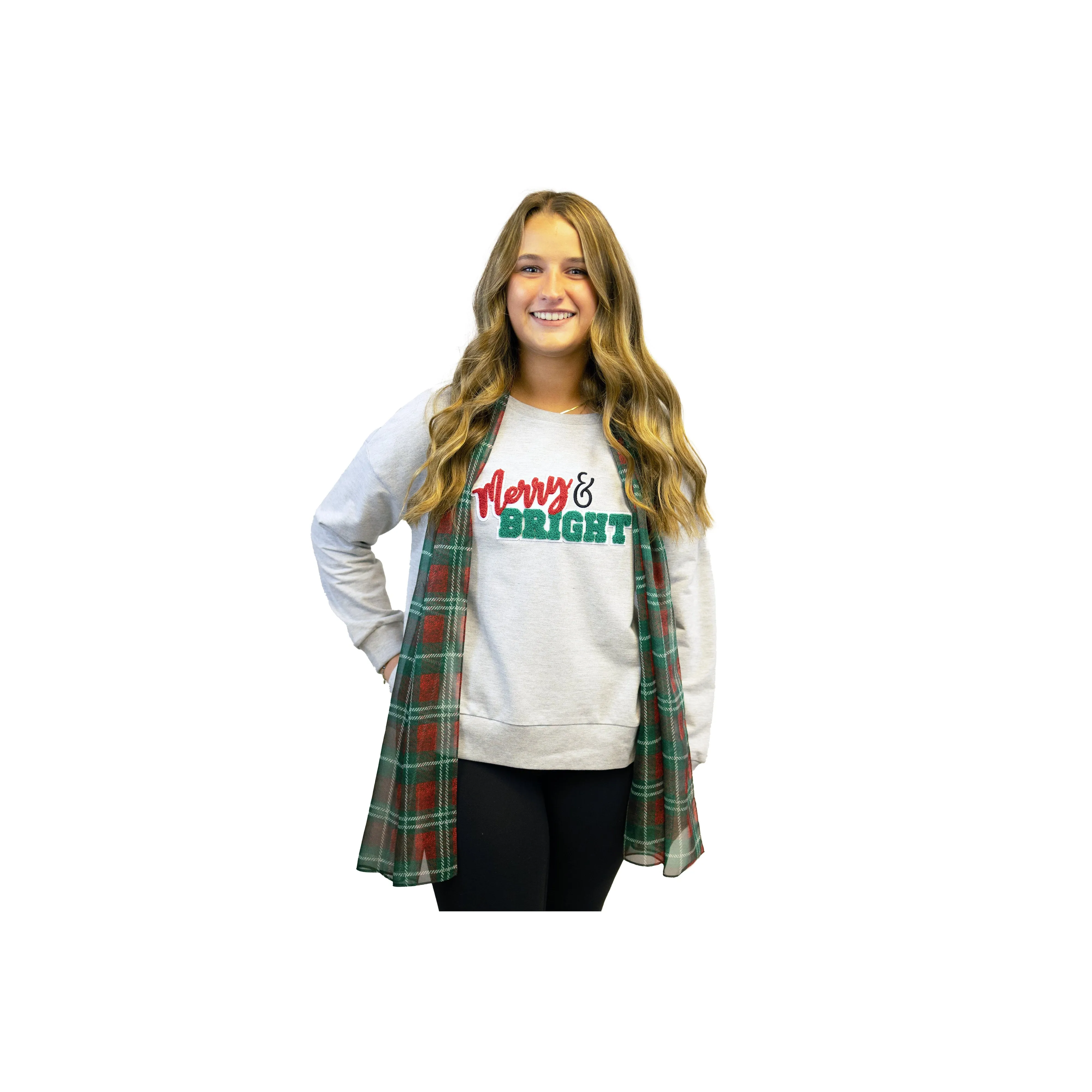 Merry & Bright Chenille Patch Lt Steel Boxy Crew