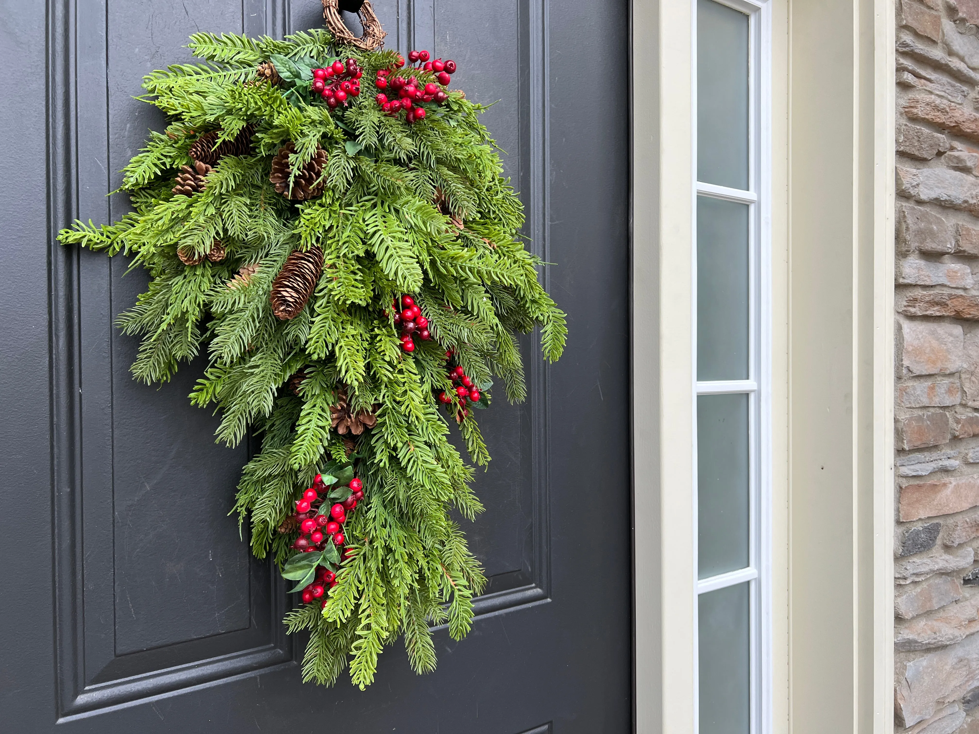Natural Touch Pine Teardrop Wreath with Red Berries