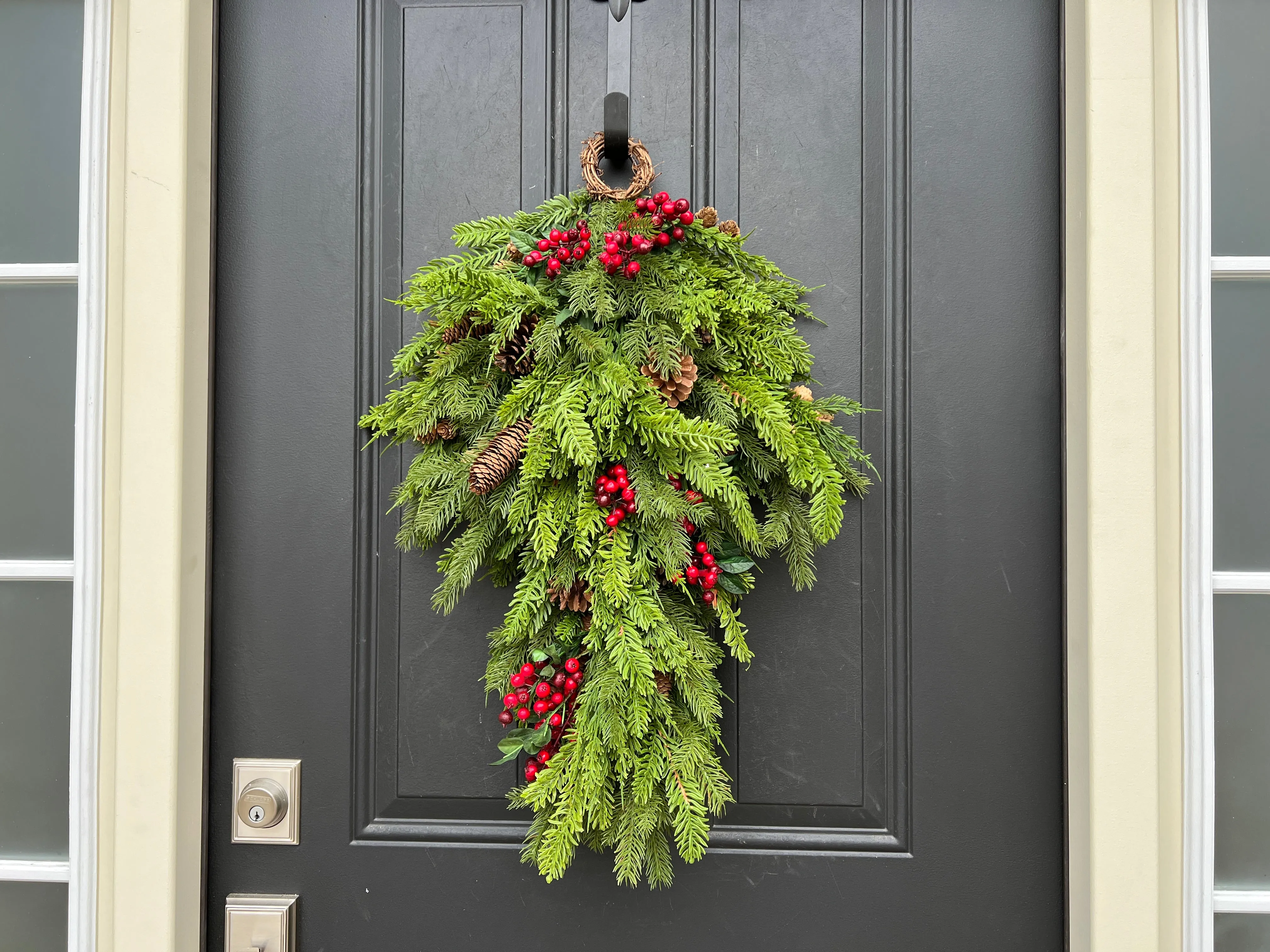 Natural Touch Pine Teardrop Wreath with Red Berries