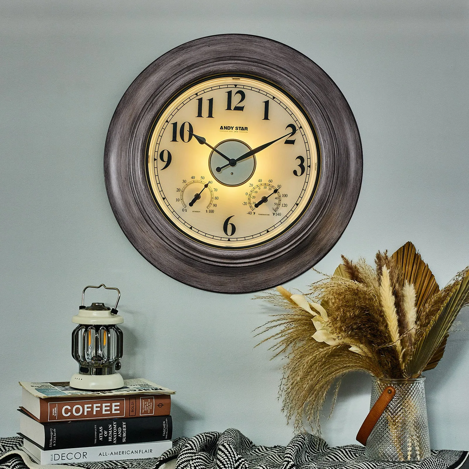 Oak 21 inch Illuminated  Outdoor Clocks with Thermometer Weatherproof  Wall Clock with Smart Sensor