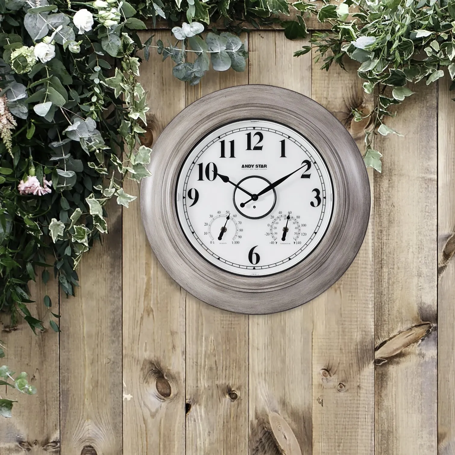 Oak 21 inch Illuminated  Outdoor Clocks with Thermometer Weatherproof  Wall Clock with Smart Sensor
