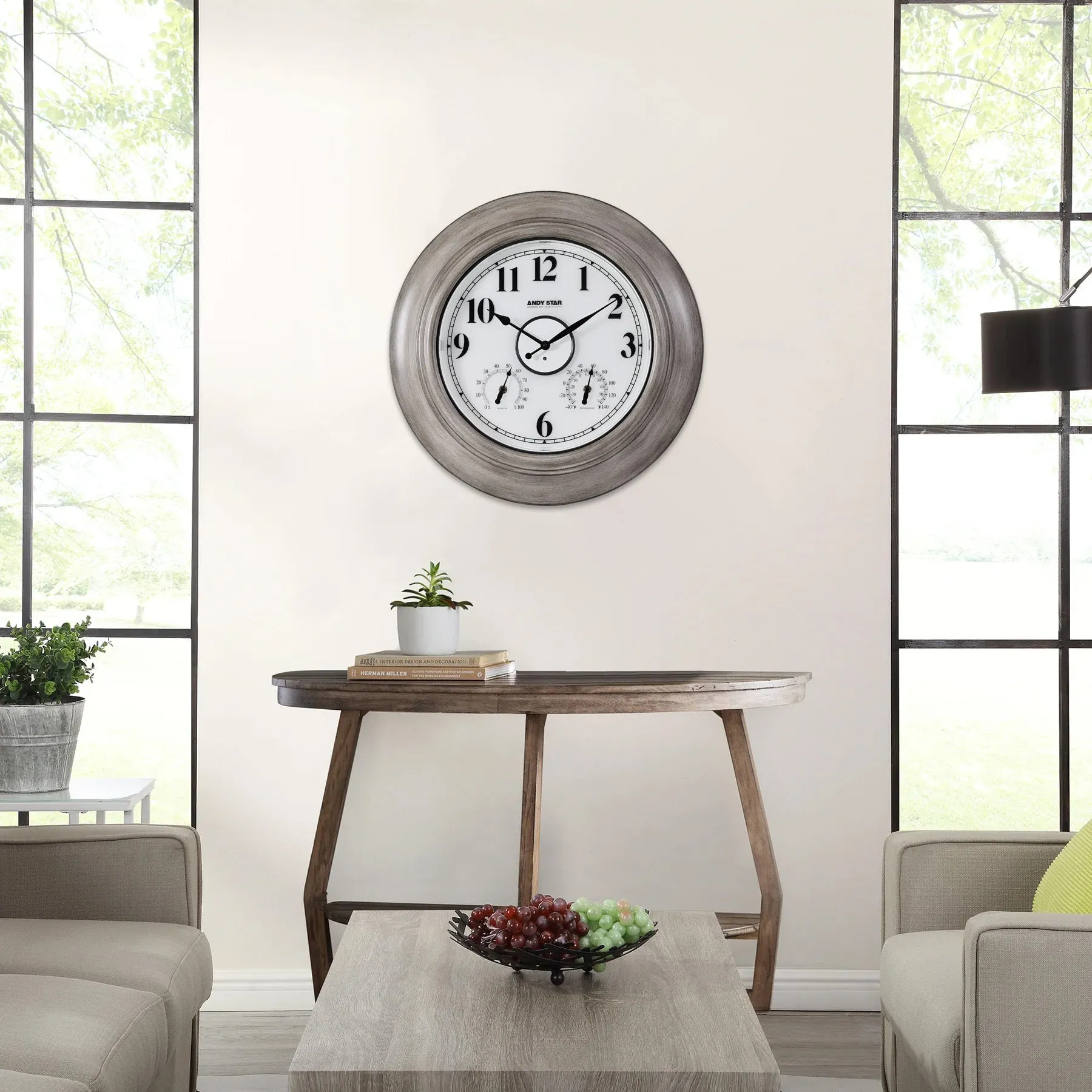 Oak 21 inch Illuminated  Outdoor Clocks with Thermometer Weatherproof  Wall Clock with Smart Sensor