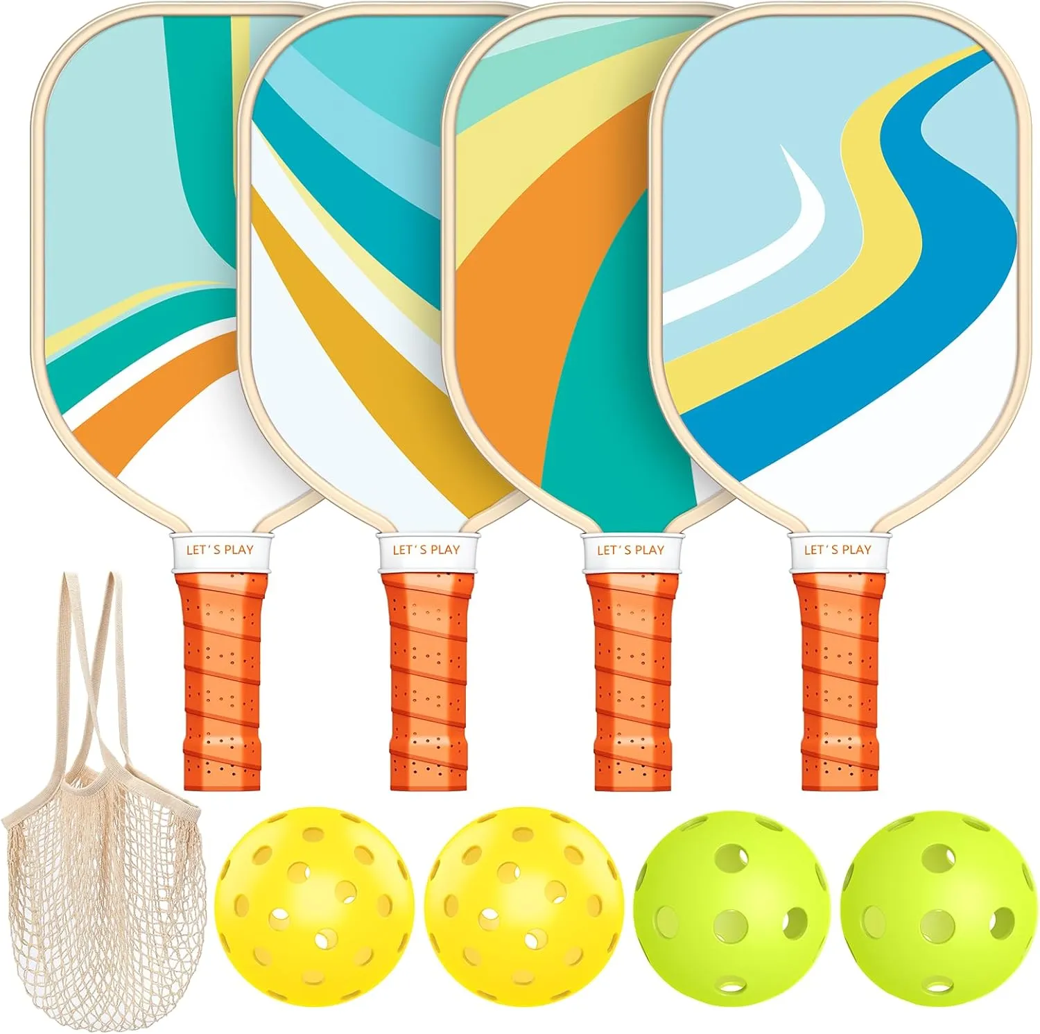 Pickleball Paddles Set of 4, Premium Wood with 4 Indoor & Outdoor Pickleball Balls and 1 Carry Bag, Pickleball Rackets with Ergonomic Cushion Grip for Beginner & Professional Gifts for Women Men Youth
