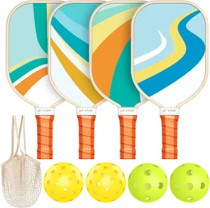 Pickleball Paddles Set of 4, Premium Wood with 4 Indoor & Outdoor Pickleball Balls and 1 Carry Bag, Pickleball Rackets with Ergonomic Cushion Grip for Beginner & Professional Gifts for Women Men Youth