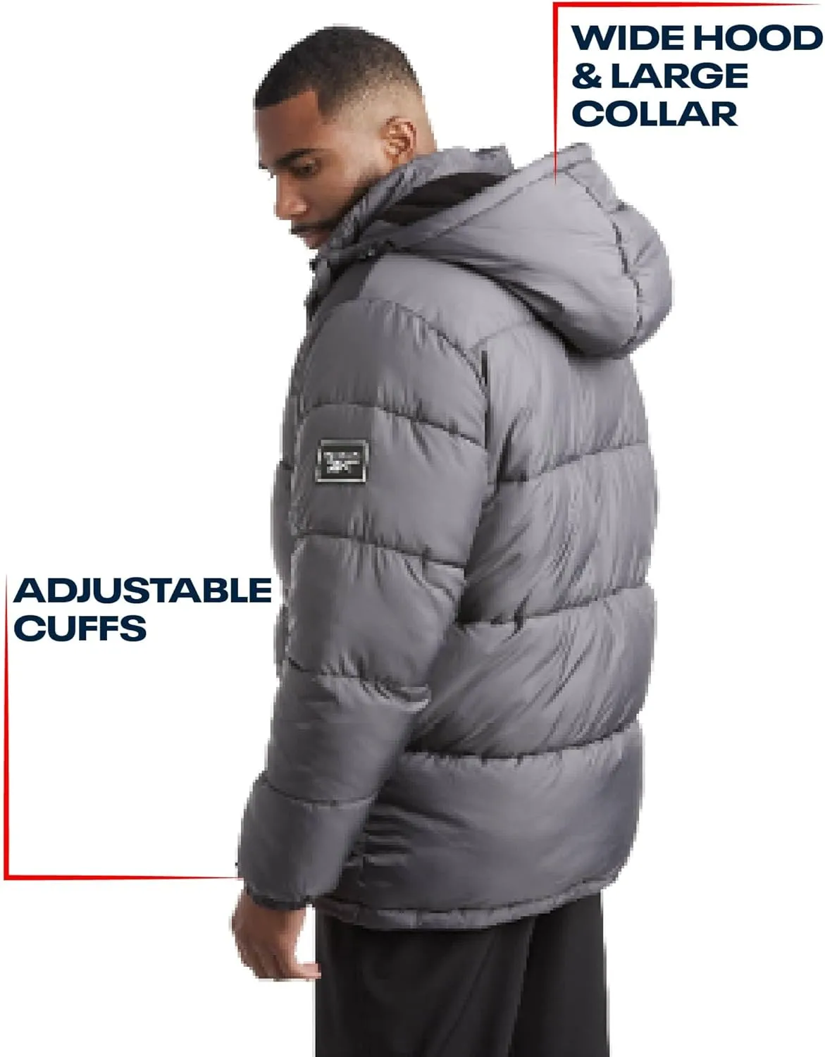 Reebok Mens Puffer Jacket - Heavyweight Quilted Mens Jacket with Hood - Weather Resistant Parka Winter Jackets for Men