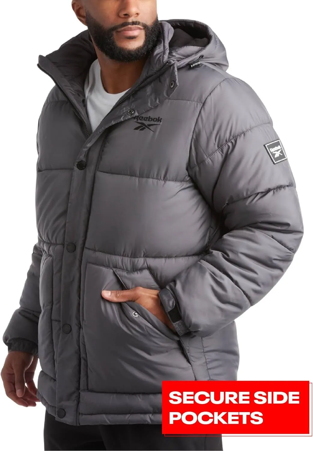 Reebok Mens Puffer Jacket - Heavyweight Quilted Mens Jacket with Hood - Weather Resistant Parka Winter Jackets for Men