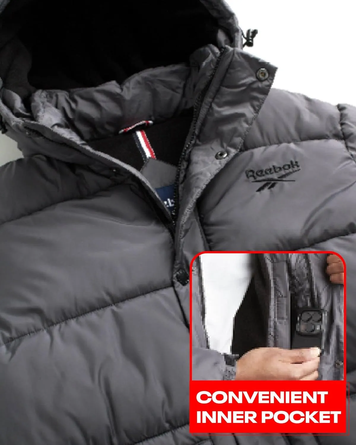 Reebok Mens Puffer Jacket - Heavyweight Quilted Mens Jacket with Hood - Weather Resistant Parka Winter Jackets for Men