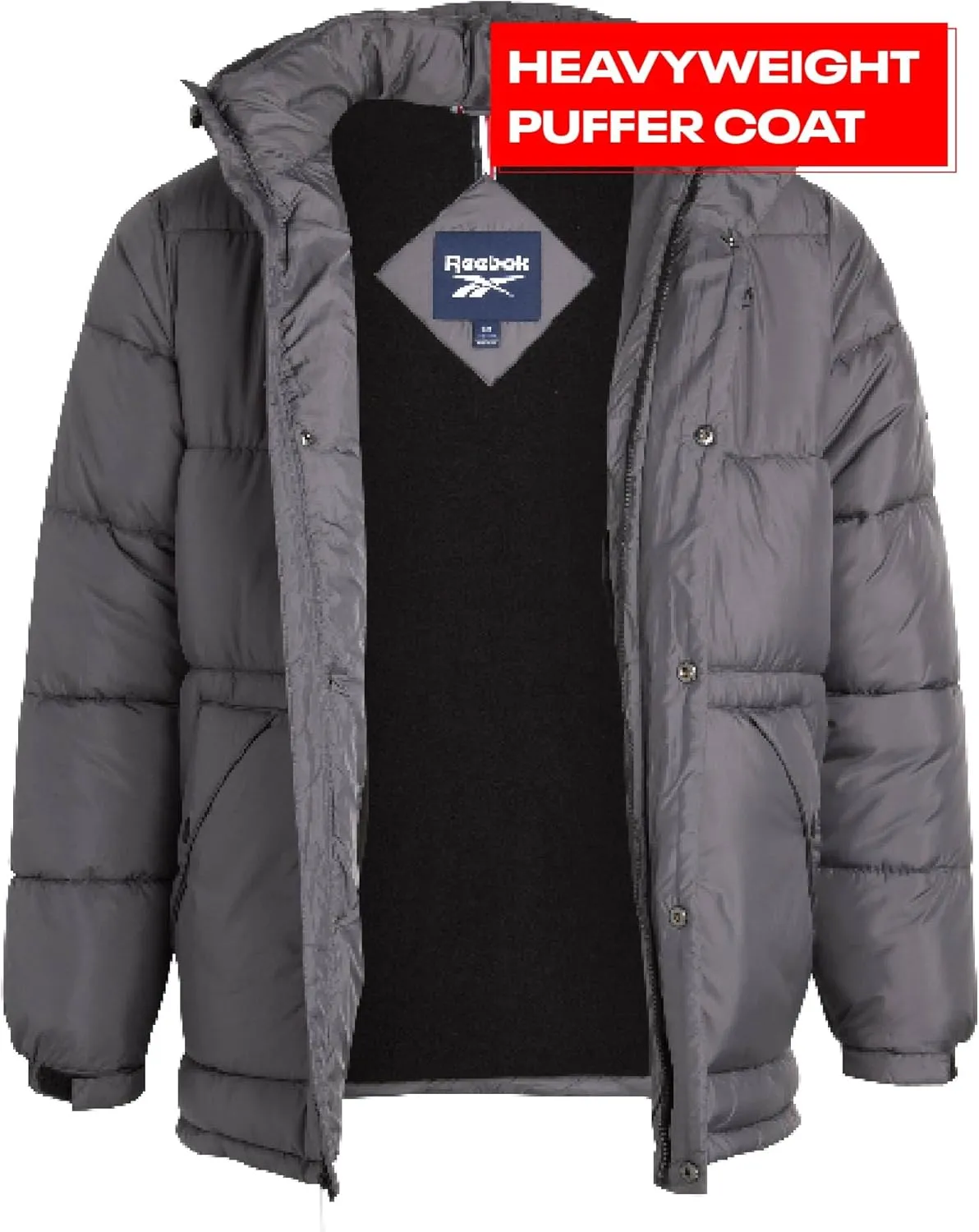 Reebok Mens Puffer Jacket - Heavyweight Quilted Mens Jacket with Hood - Weather Resistant Parka Winter Jackets for Men