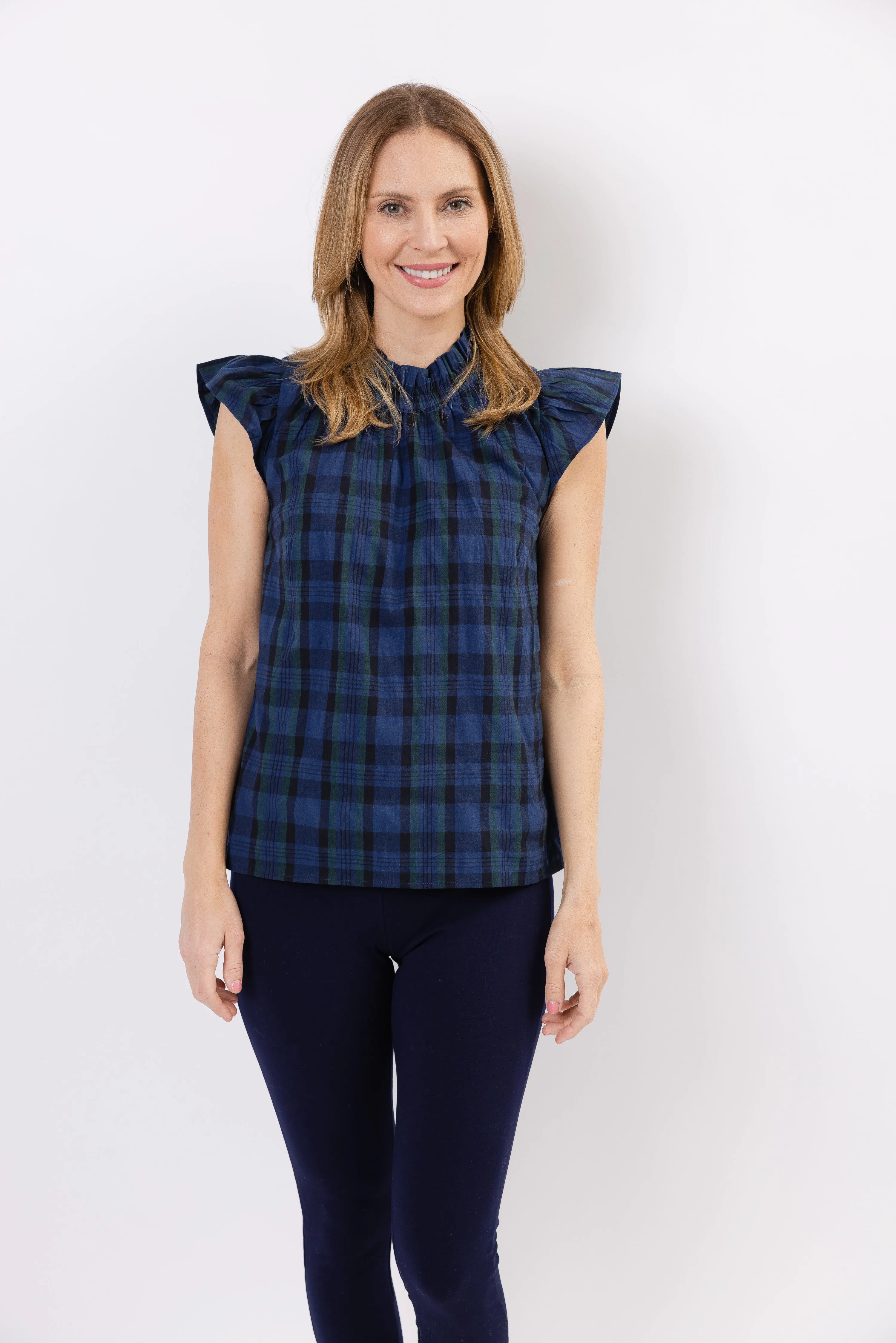 Sail To Sable Flutter Sleeve Top - Blackwatch Plaid