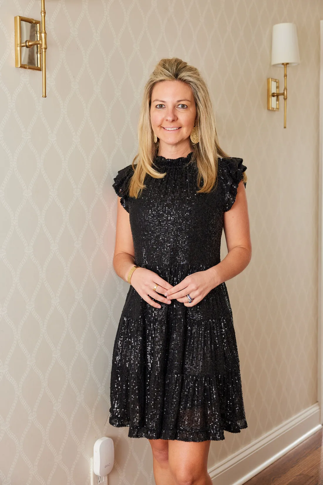 Sail to Sable Ruffle Neck Dress - Black Sequin