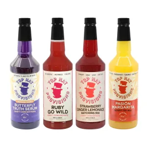 Top Hat Colorful Holiday Mixology Cocktail Combo Kit - Home Bar Cocktail & Mocktail Mixer Gift Set - Ruby Go Wild Paloma, Strawberry Ginger Lemonade, Passion Fruit Margarita - 4 pack 32oz bottles